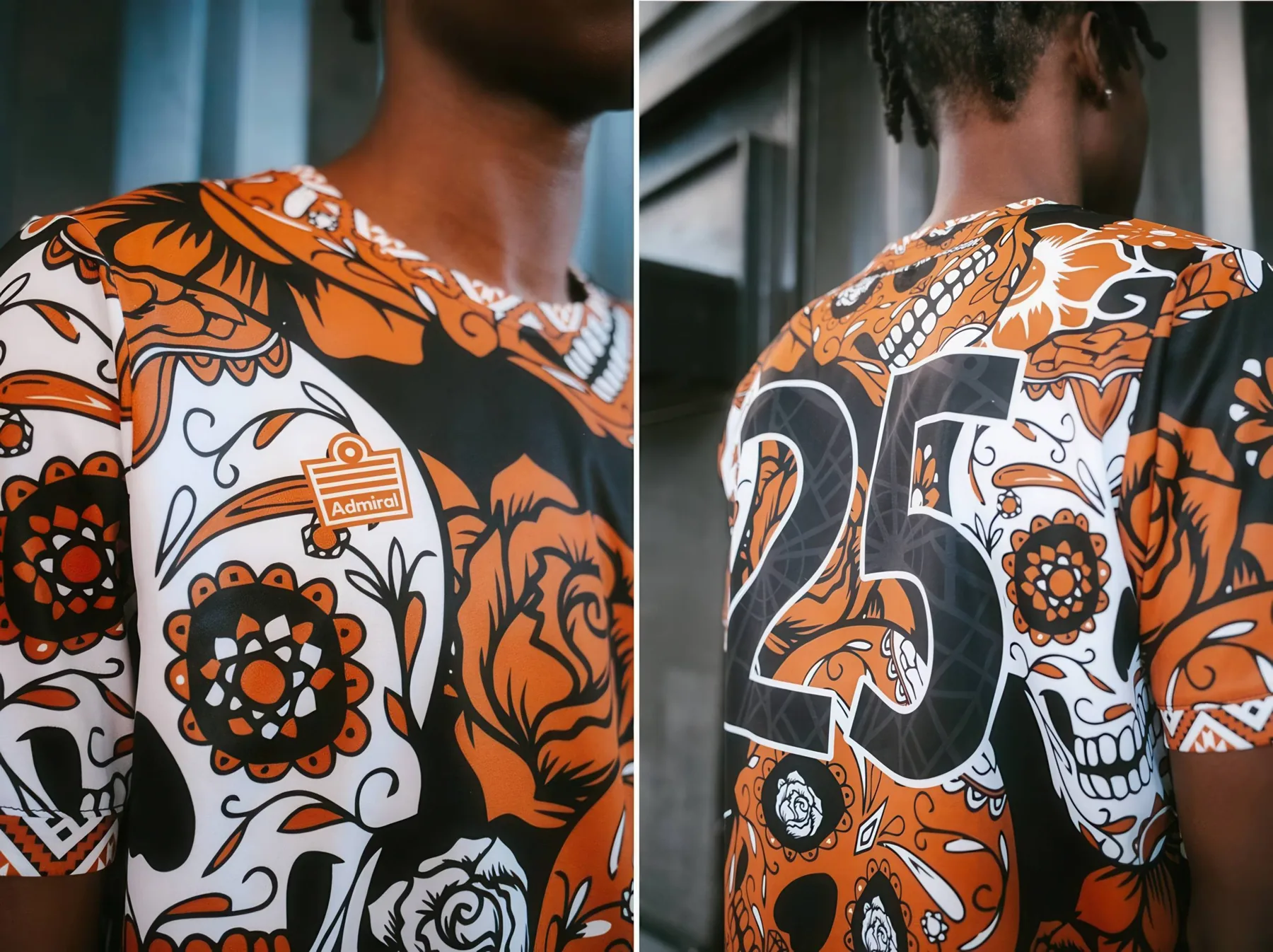 Front and back details of the colorful Calavera jersey